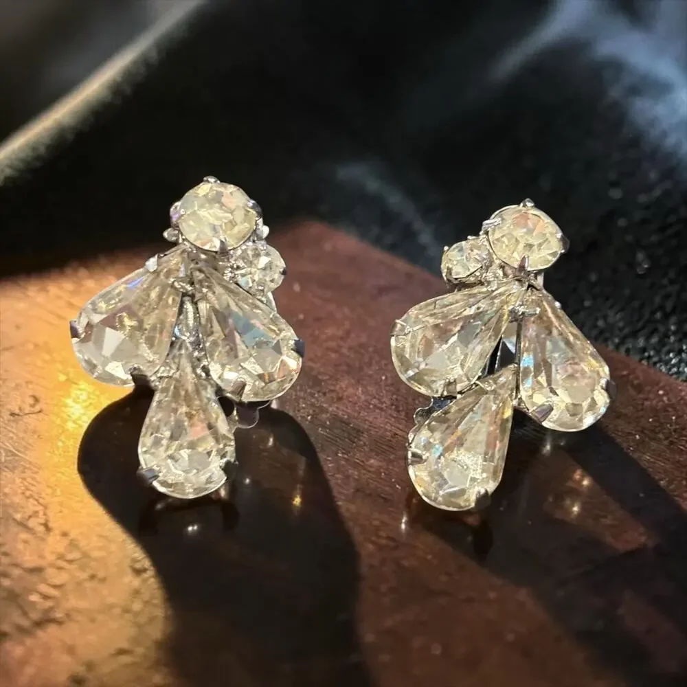Weiss Crystal Rhinestone Earrings Ice Queen Glam Teardrop Bridal Clip On